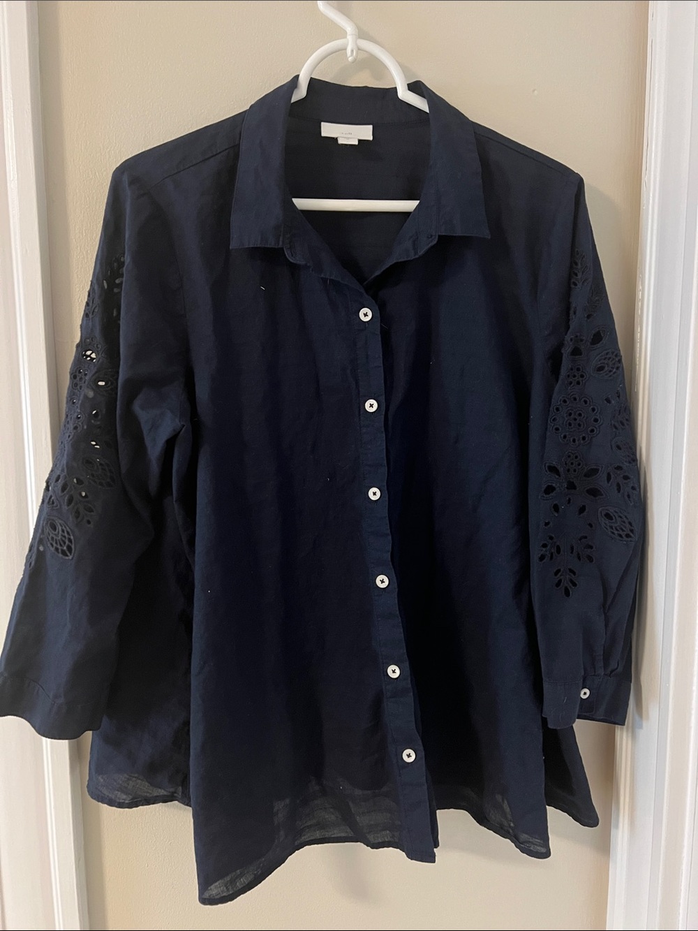 J. Jill Navy Eyelet Sleeve Button-Front Shirt